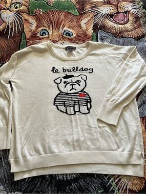 French Connection Cream Sweater with Black Bulldog Motif and Red Heart